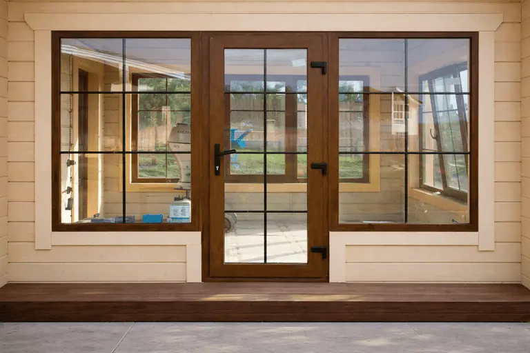 Балконная пластиковая дверь для частного дома в едином стиле с оконным остеклением