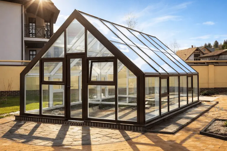 Зимний сад из алюминиевого профиля с панорамным остеклением Алюминиевый зимний сад с двускатной стеклянной крышей