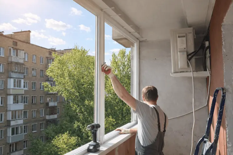 Подготовка алюминиевой конструкции перед установкой Монтажник проверяет алюминиевую оконную конструкцию перед установкой