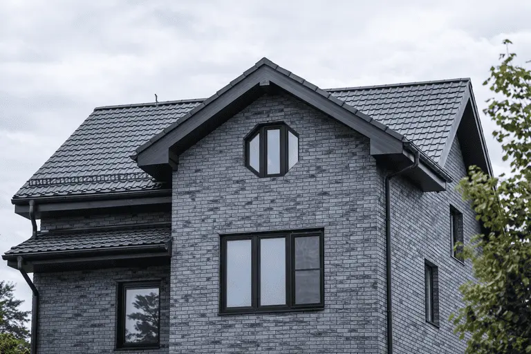 Шестиугольное окно нестандартной формы в кирпичном фасаде частного дома