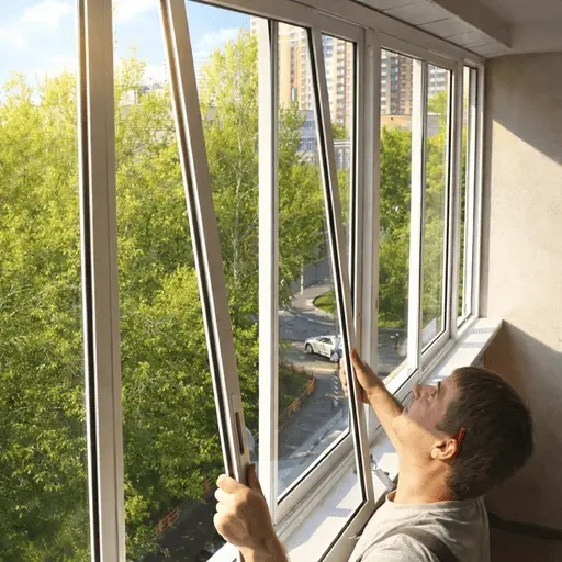 Установка створок алюминиевого окна на балконе Монтажник устанавливает створки алюминиевого окна на балконе при солнечном свете