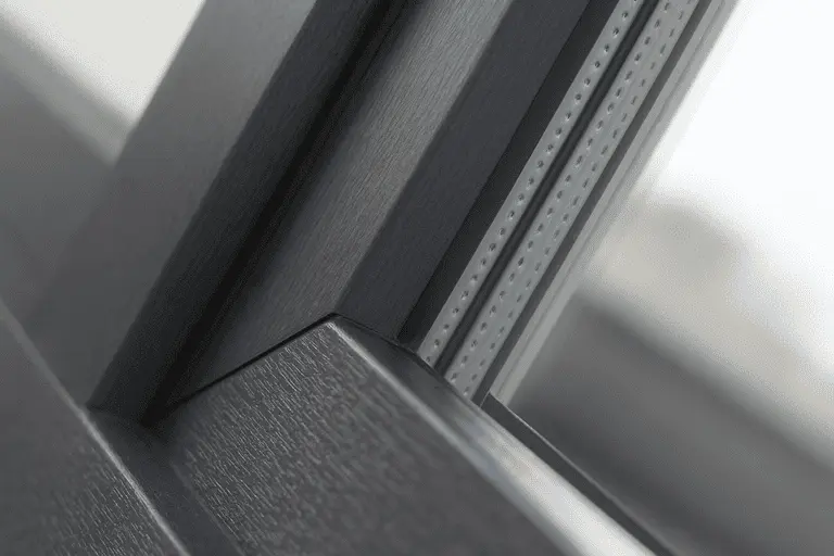 Серый ламинированный профиль пластикового окна с декоративной текстурой поверхности крупным планом