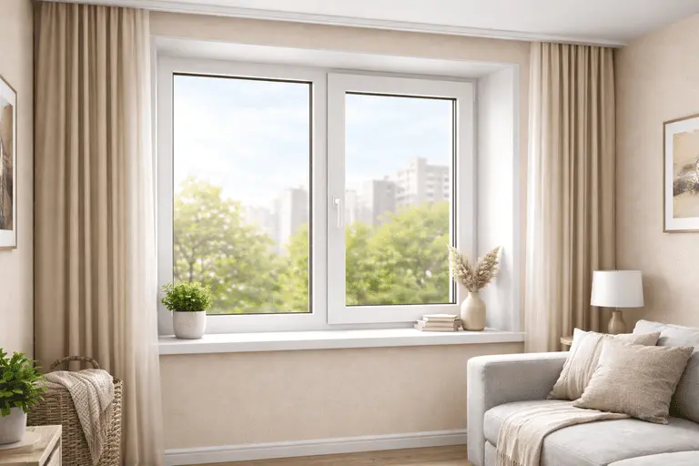 Пластиковое окно в интерьере квартиры с подоконником и шторами
