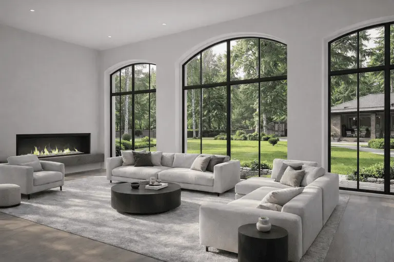 Арочные панорамные окна нестандартной формы в современной гостиной загородного дома