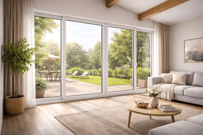 Панорамные пластиковые окна в гостиной частного дома с выходом на террасу