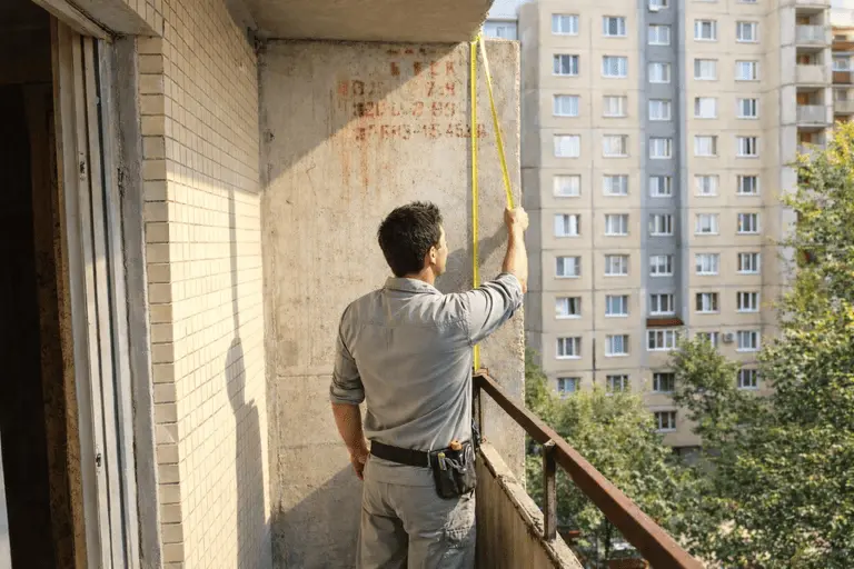 Замер проема под алюминиевое окно на балкон Монтажник измеряет оконный проем рулеткой перед установкой алюминиевого окна