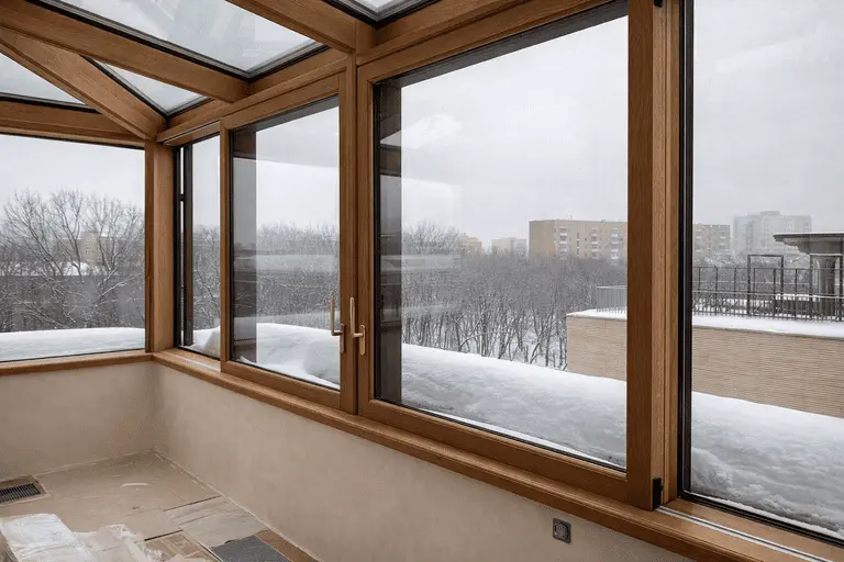 Тёплое остекление лоджии окнами из дерева на зимний период
