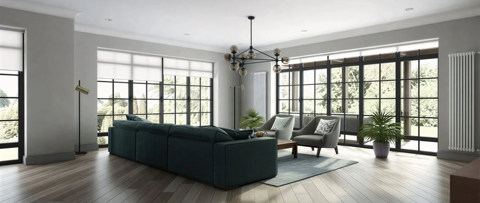 Пластиковые окна с чёрным профилем в современном интерьере гостиной